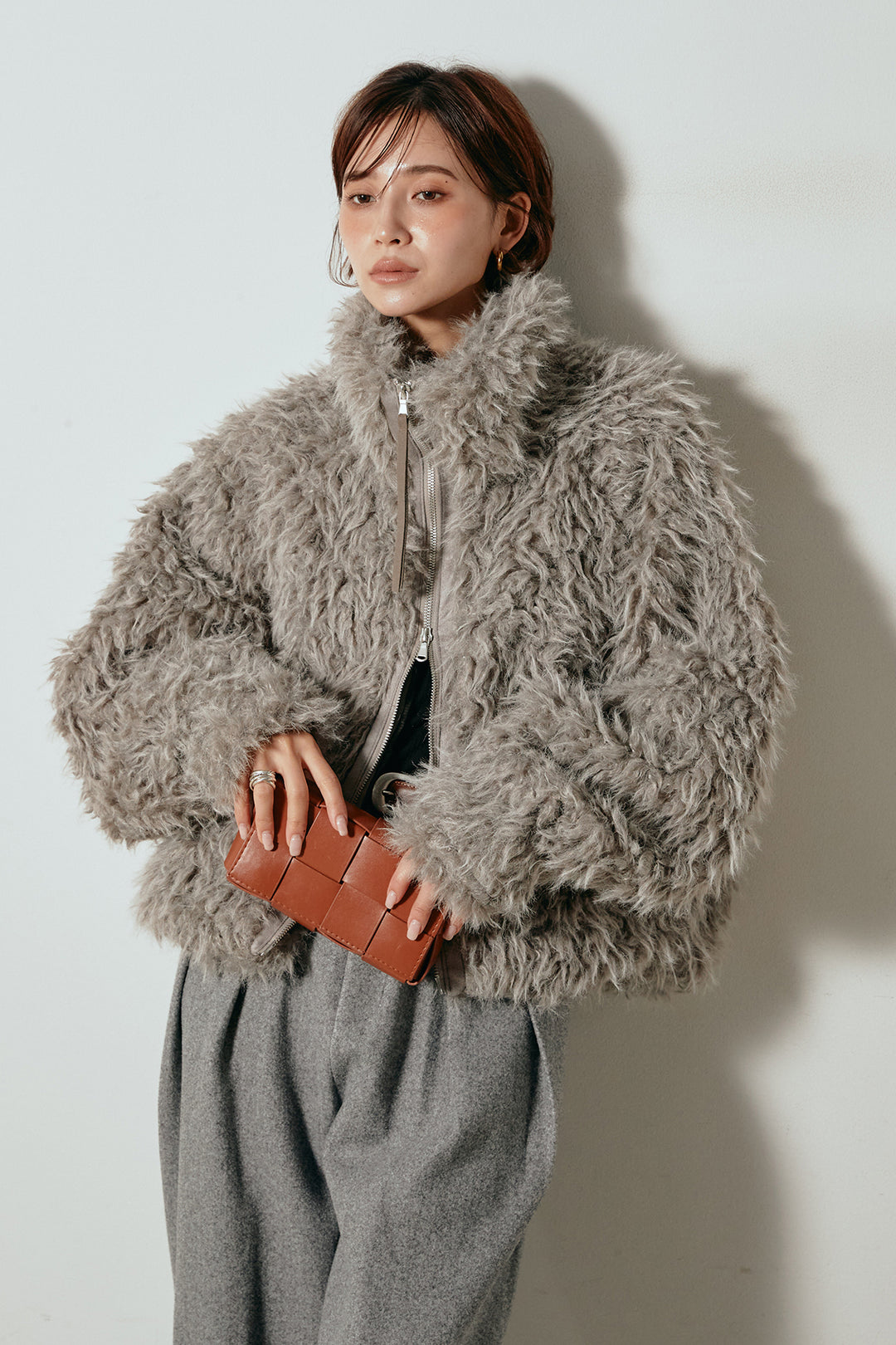 [SET]ミックスシープファースタンドブルゾン+フェイクウールタックトラウザーズパンツ(2set)