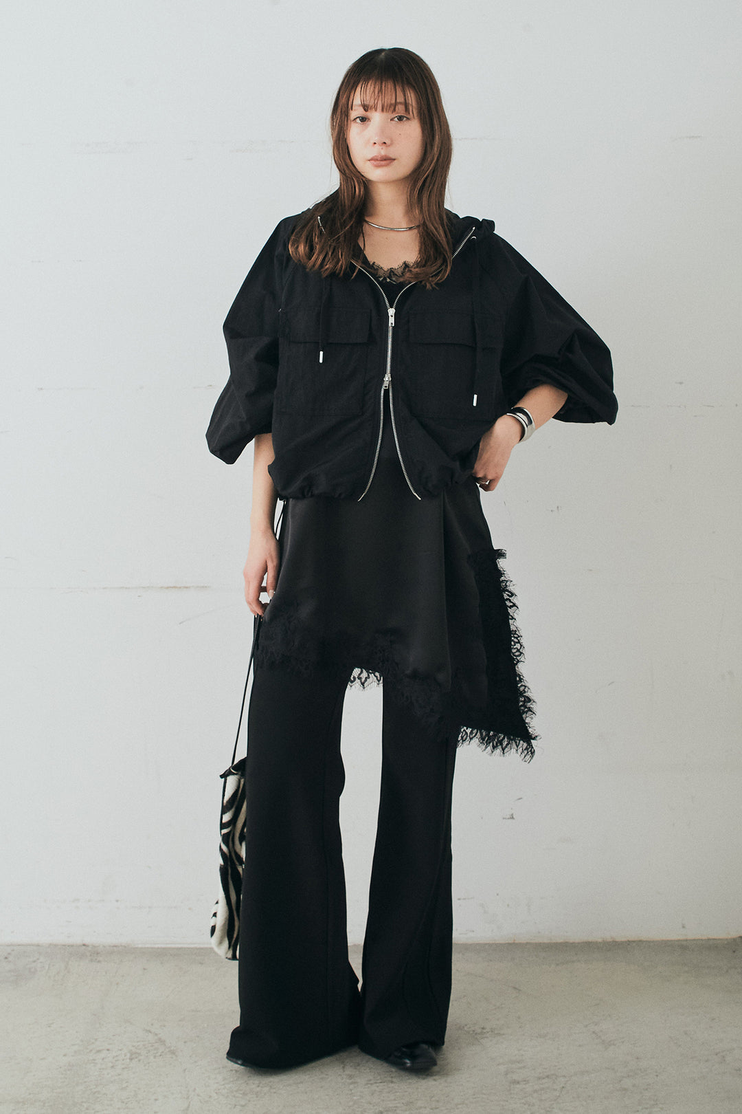 [SET]ナイロンボリュームWジップパーカーブルゾン+細編みベルト付きパンツ(2set)