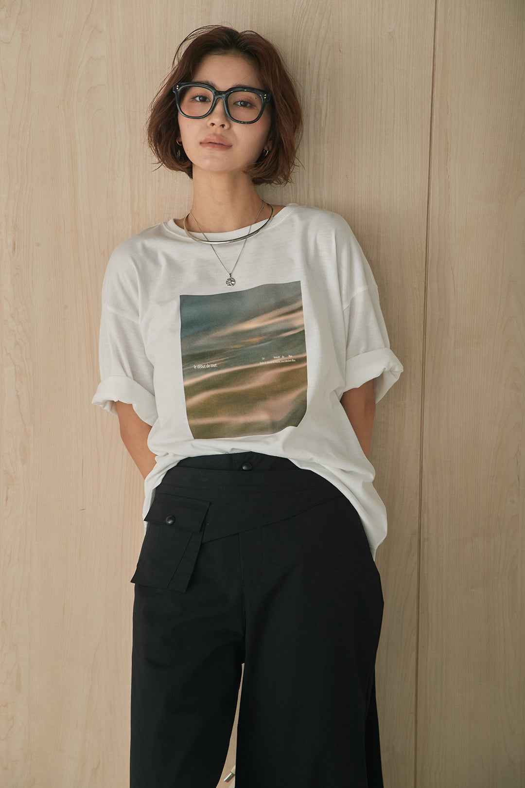 [SET]MarbleプリントTシャツ+ポケットベルト付きニーサイドタックパンツ(2set)
