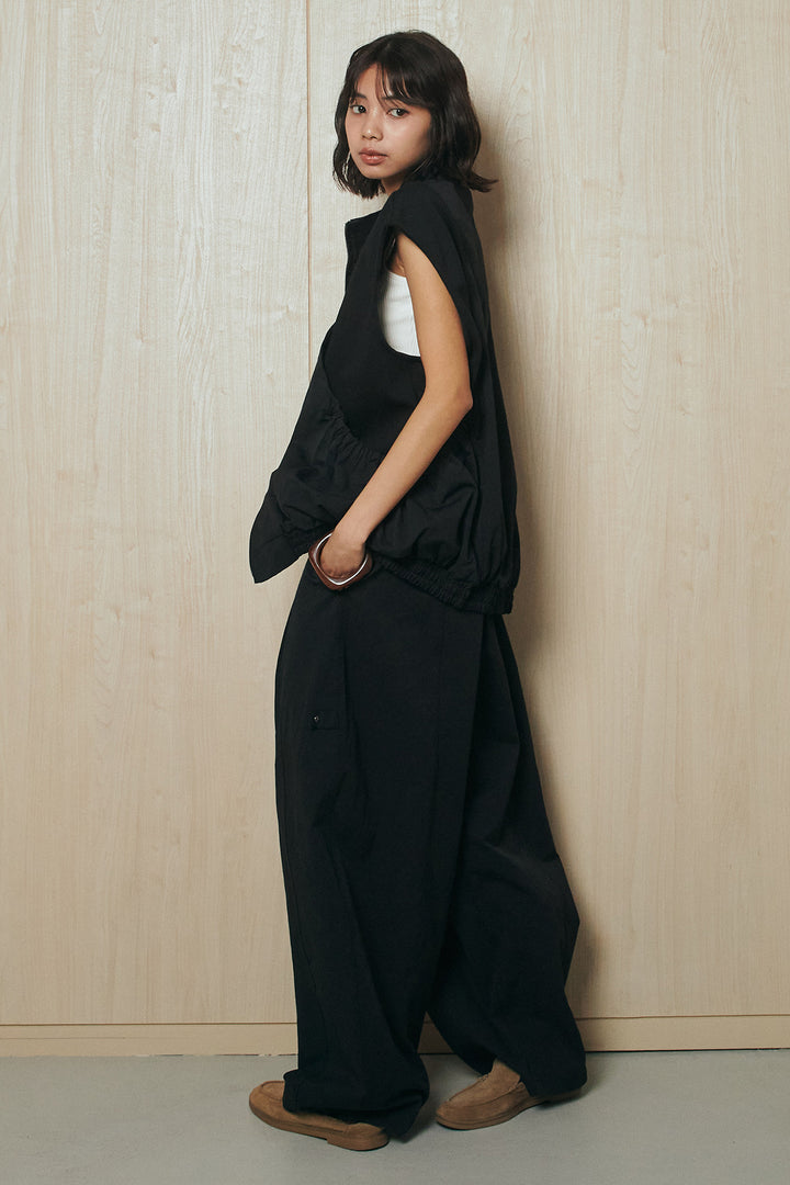 [SET]ショルダー切替スタンドネックジップベスト+コットンポリツータックセンターシームカーブパンツ(2set)