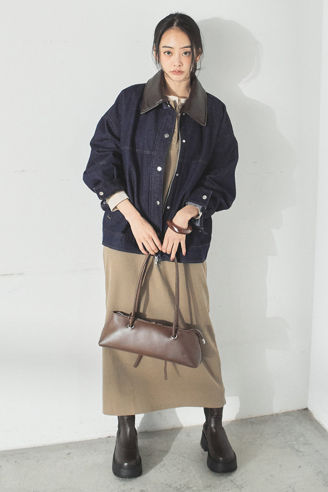 [SET]加工デニムレザー襟付きデニムブルゾン+カットリブレイヤードヘンリーネックワンピース(2set)