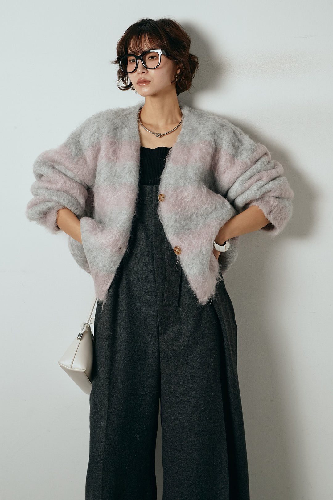 [SET]シャギーボーダー柄ニットカーディガン+ウール混フランネルワイドサロペット(2set)