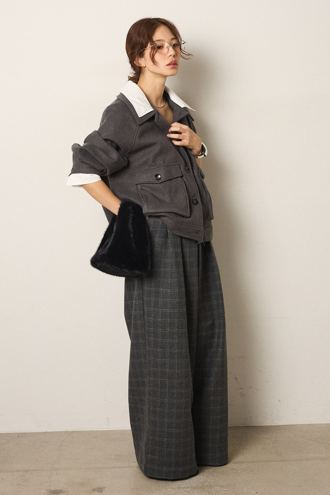 [SET]衿レイヤードフェイクウールジャケット+ウールライクチェックタックパンツ(2set)