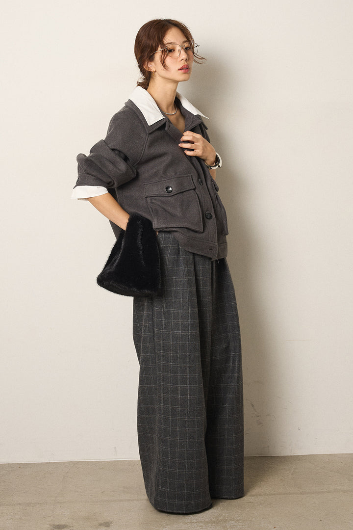 [SET]衿レイヤードフェイクウールジャケット+ウールライクチェックタックパンツ(2set)
