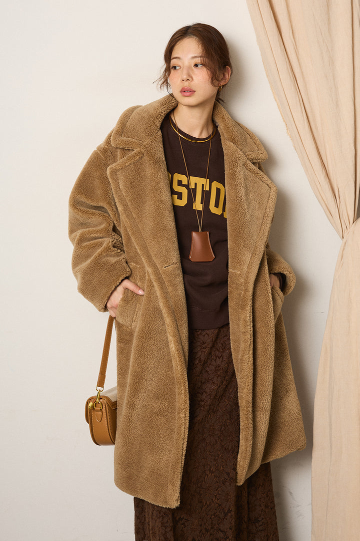 [SET]テディボアロングコート+ロゴデザインルーズスウェット+花柄刺繍ベロアフレアスカート(3set)