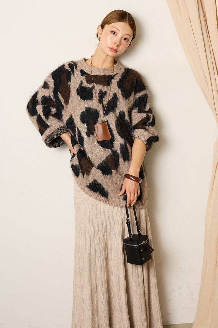 [SET]ルーズアニマルモヘアニットトップス+編み地切り替えフレアニットスカート(2set)