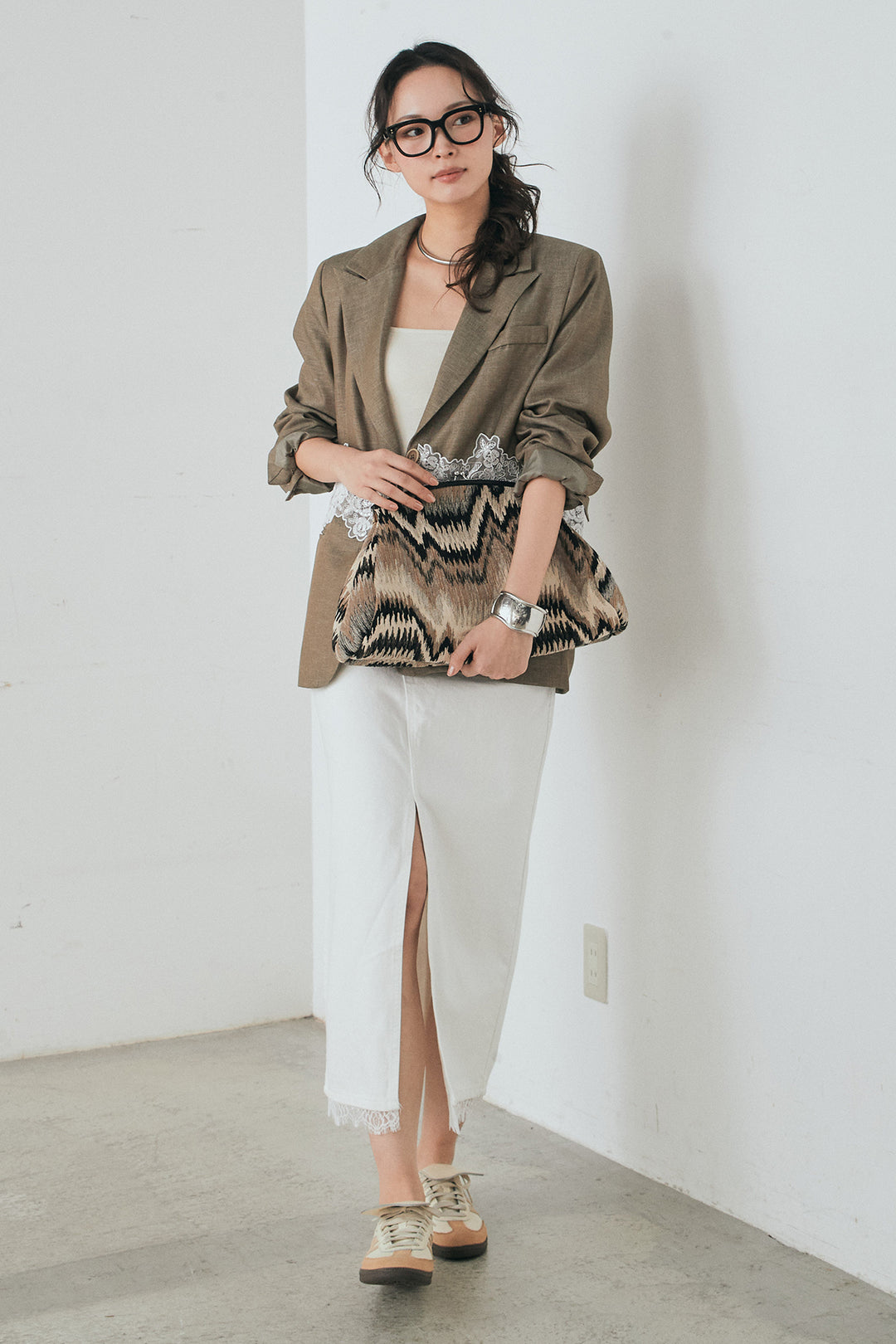 [SET]リネンタッチレースデザインジャケット+裾レースデザインデニムスカート(2set)