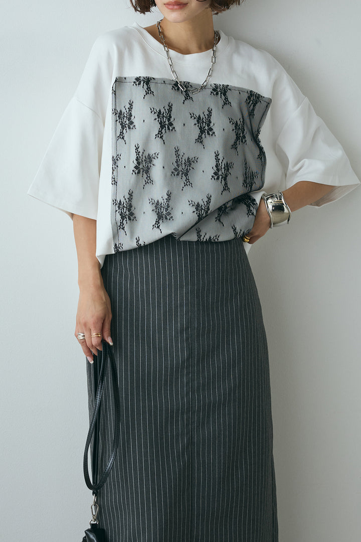 [SET]スクエアレース刺繍Tシャツ+ストライプストレートスカート(2set)