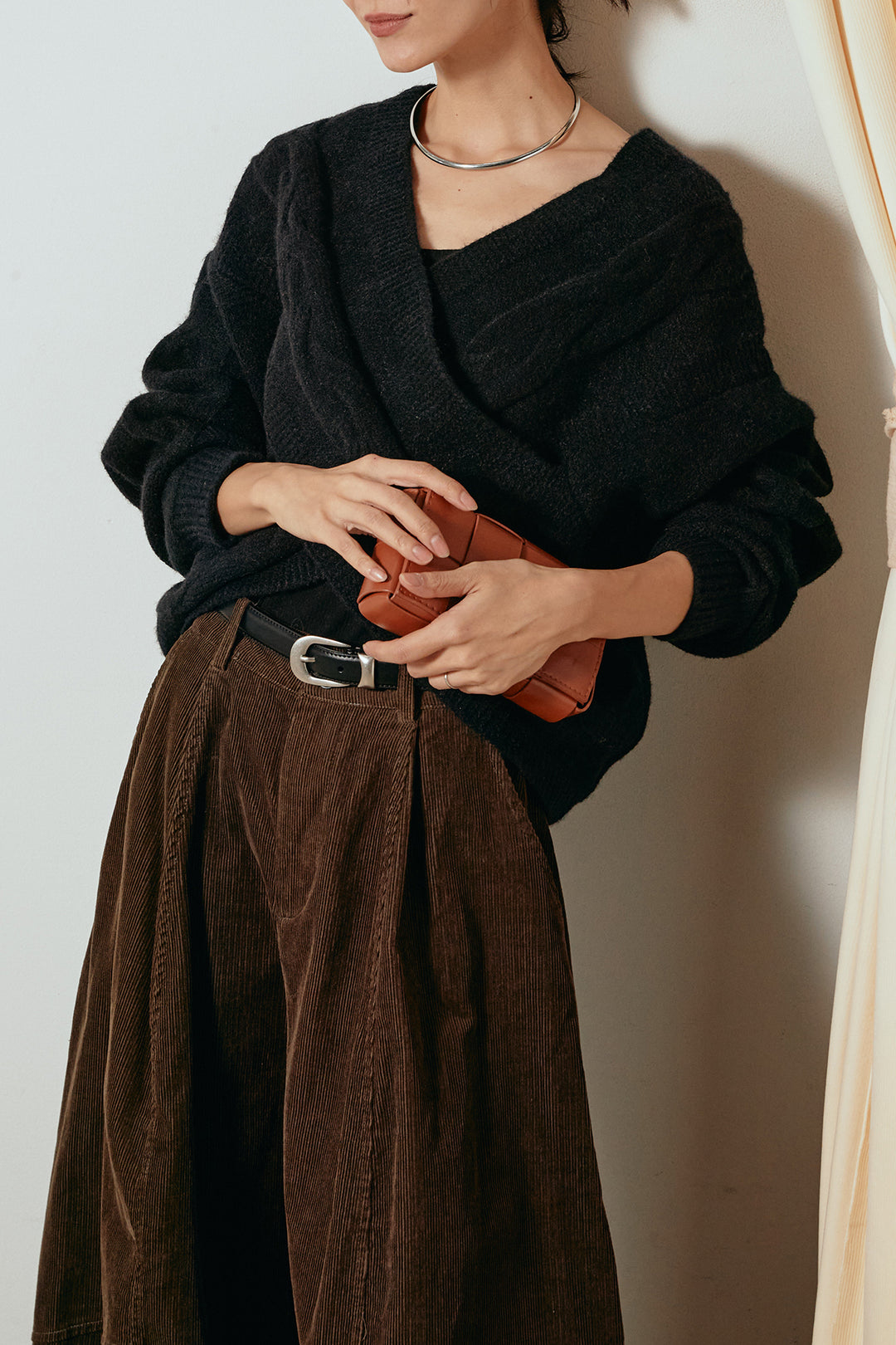 [SET]ケーブルカシュクールニットトップス+タック入りコーデュロイワイドパンツ(2set)