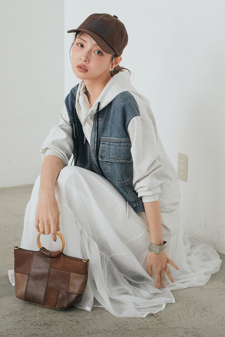 [SET]デニム切替ポンチダブルジップパーカー+ボリュームシルエットチュールスカート(2set)