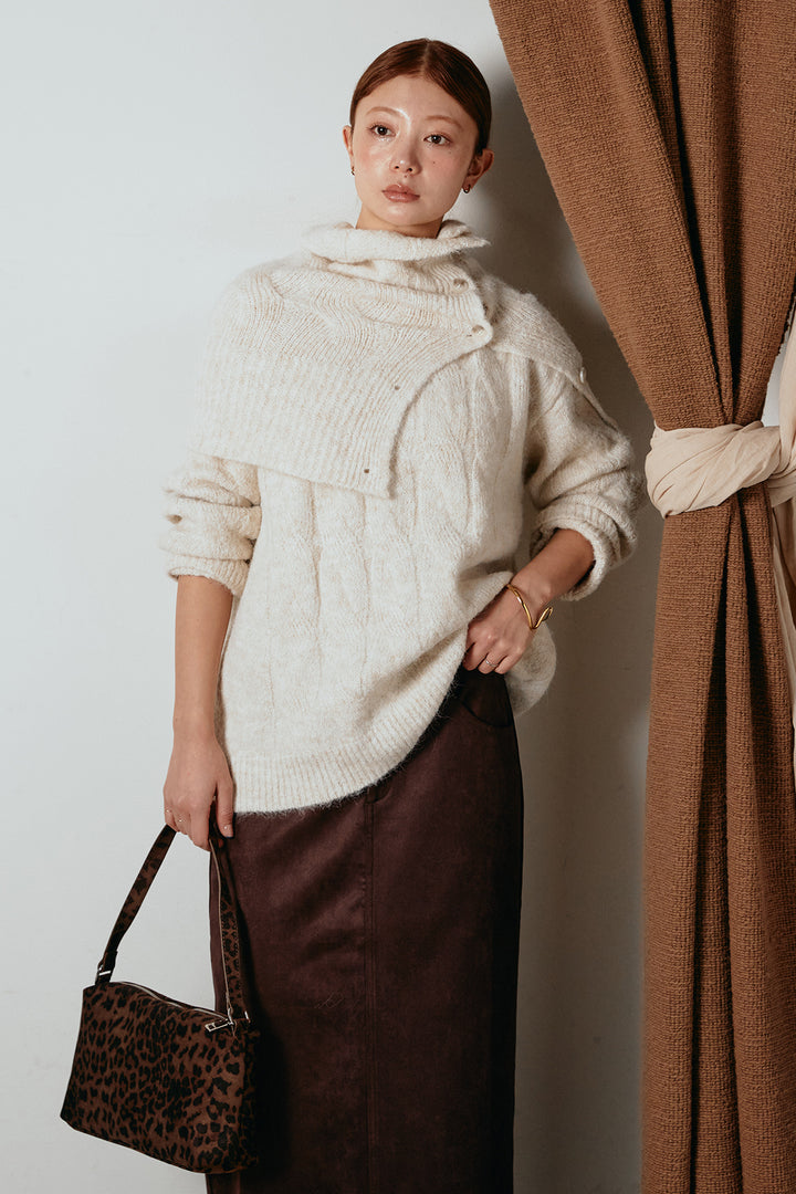 [SET]ケープデザインケーブルニットトップス+スウェードライク裾フリンジスカート(2set)