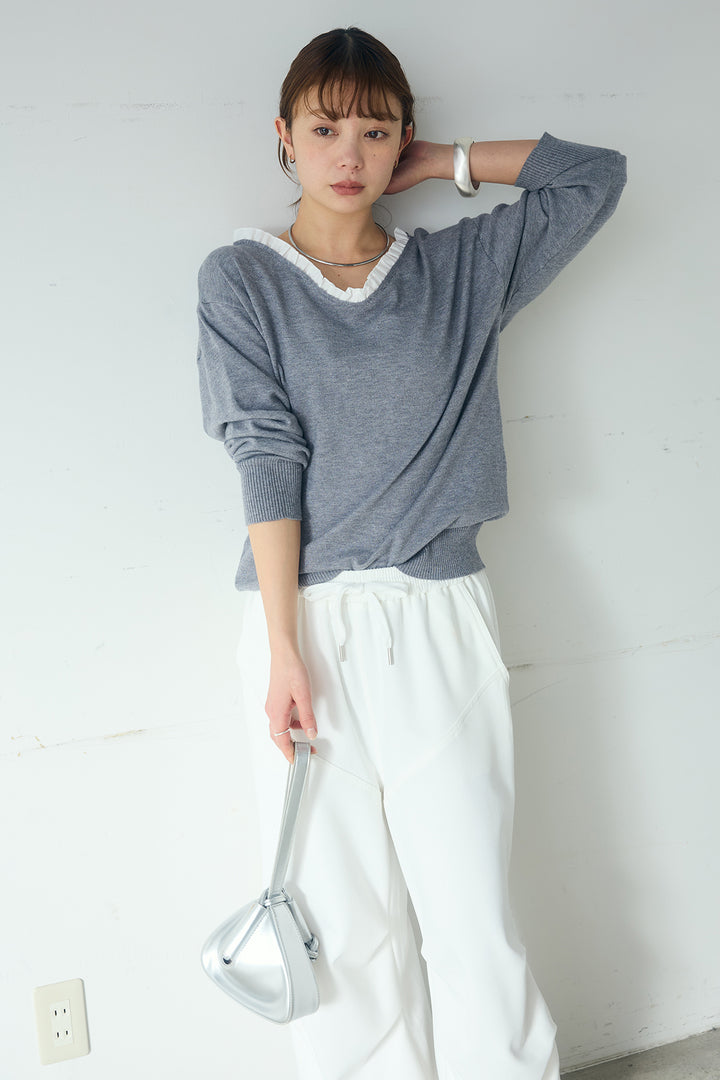 [SET]クールクール異素材コンビオフショルプルオーバー+ランダムタックデザインワイドパンツ(2set)