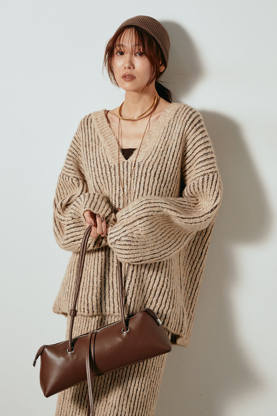 [SET]アルパカタッチ深Vニットトップス+アルパカタッチニットタイトスカート(2set)