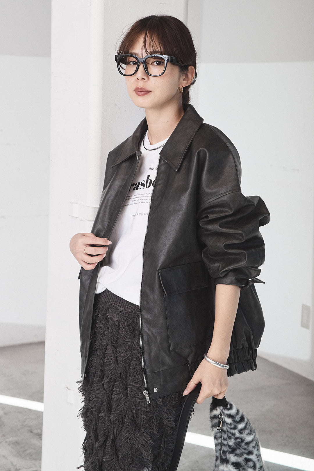 [SET]レザーライクオーバーサイズブルゾン+カットフリンジニットタイトスカート(2set)