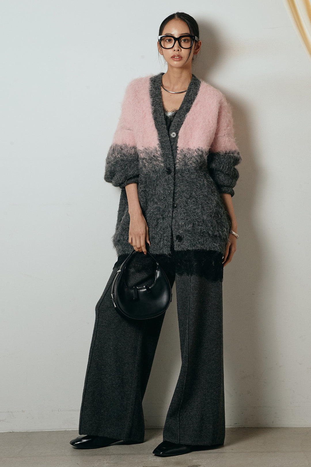 [SET]起毛グラデーションニットカーディガン+レース切り替えキャミソール(2set)