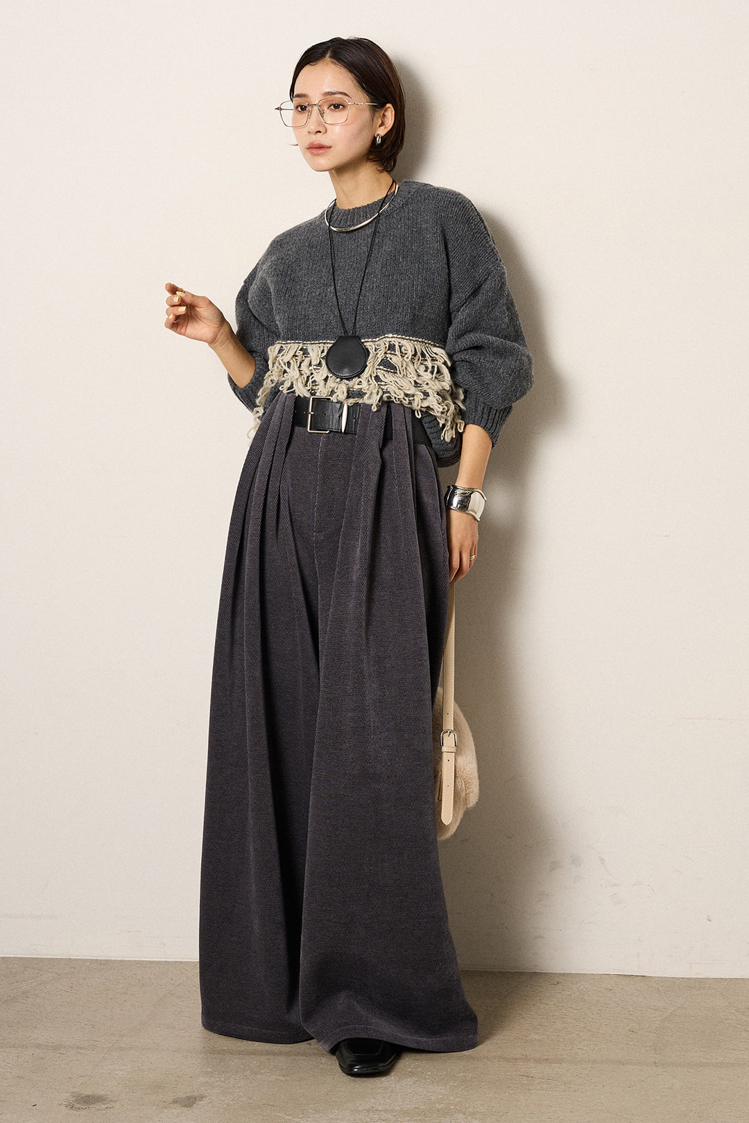 [SET]ループ編み切り替えニットプルオーバー+ベルトループコーデュロイワイドパンツ(2set)