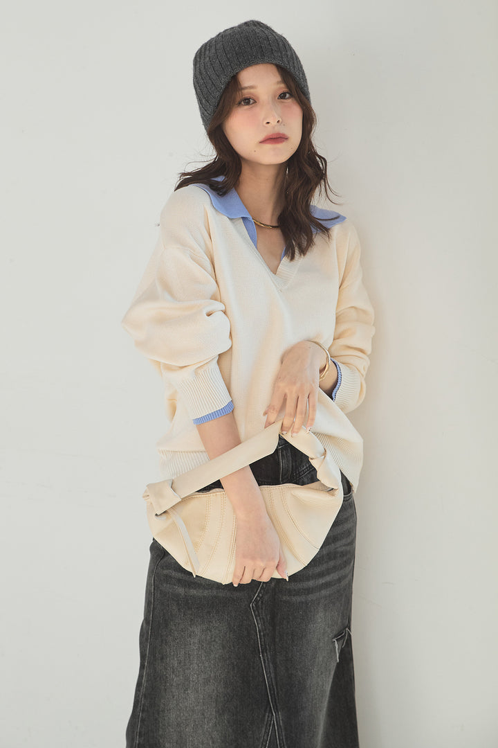 [SET]バイカラーニットレイヤード風プルオーバー+Aラインデニムスカート(2set)