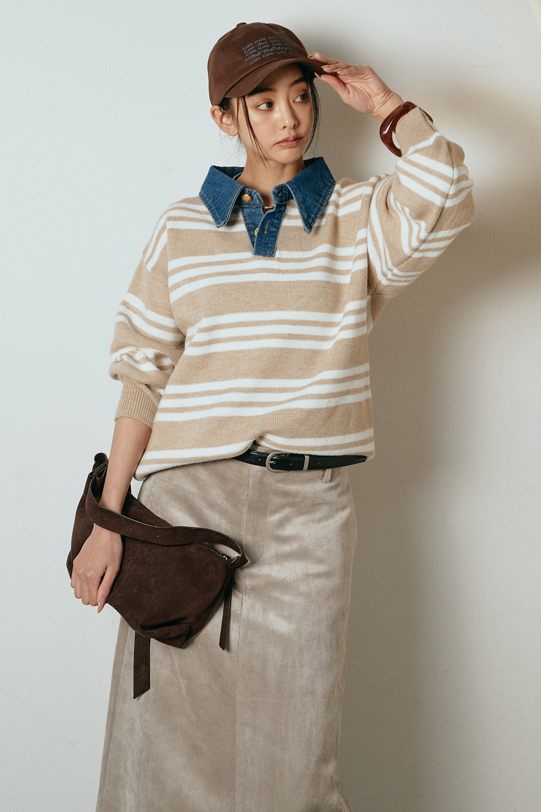 [SET]デニムレイヤード風ランダムボーダーニットプルオーバー+エコスウェードワイドスカート(2set)