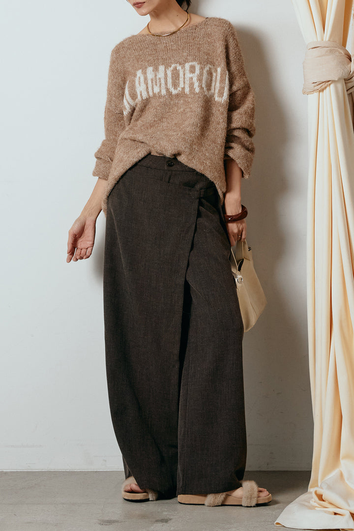 [SET]フロントロゴデザインニットトップス+ラップ巻きワイドスラックス(2set)