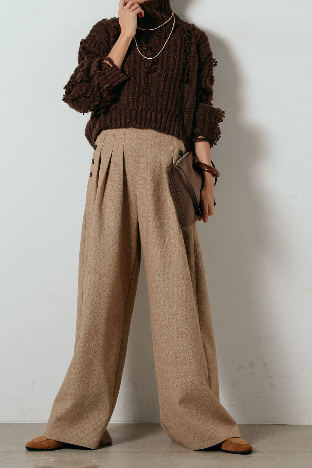 [SET]フリンジタートルショートニット+サイドボタンツイードタックパンツ(2set)