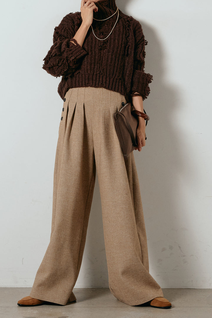 [SET]フリンジタートルショートニット+サイドボタンツイードタックパンツ(2set)