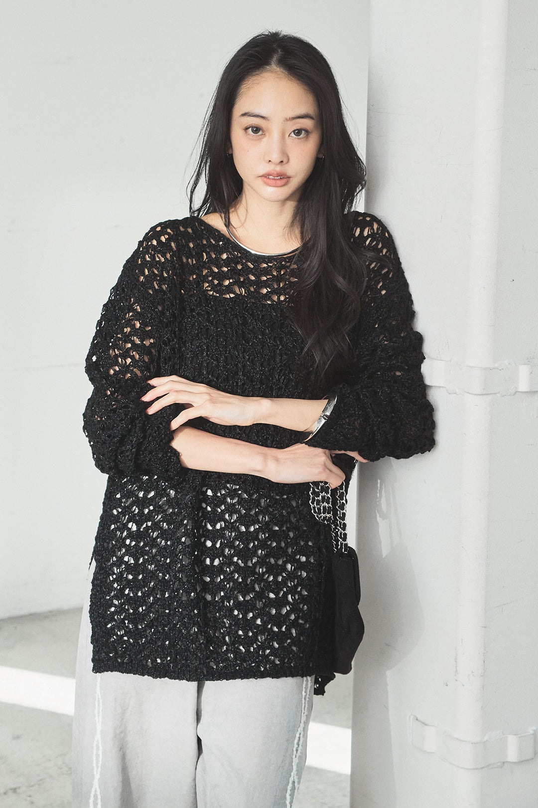 [SET]リラックスメッシュニットトップス+刺繡テープラインパンツ(2set)