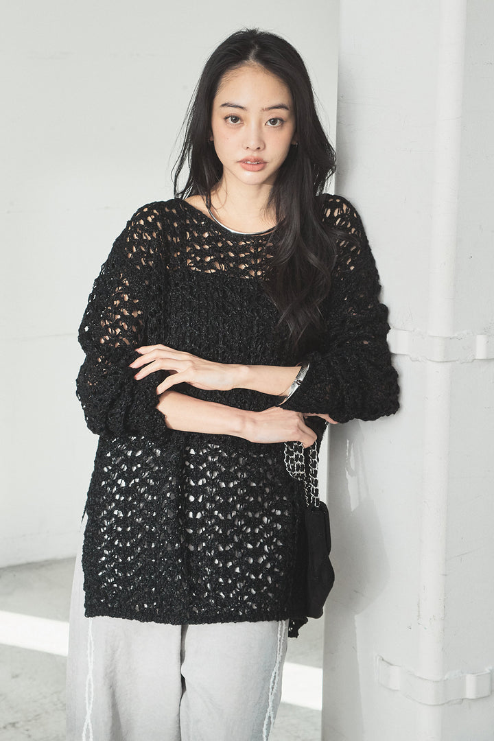 [SET]リラックスメッシュニットトップス+刺繡テープラインパンツ(2set)