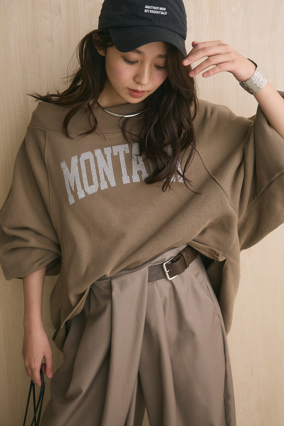 [SET]裏毛パフスリーブロゴスウェット+サイドベルトデザインタックワイドパンツ(2set)