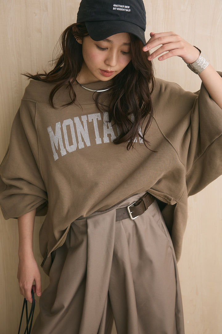 [SET]裏毛パフスリーブロゴスウェット+サイドベルトデザインタックワイドパンツ(2set)