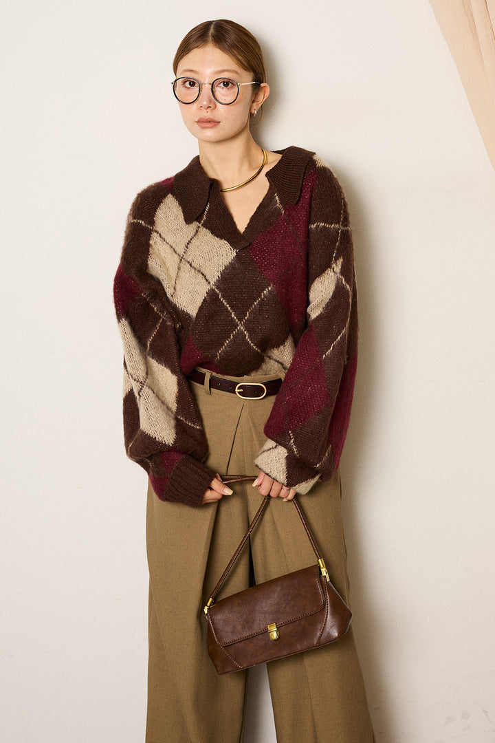 [SET]アクリルモヘアアーガイルキーネックプルオーバー+フロントワイドタックネップ入ワイドパンツ(2set)