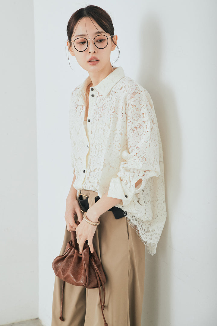 [SET]レース裾スカラップシャツ+ベルトループデザインハイウエストタックパンツ(2set)