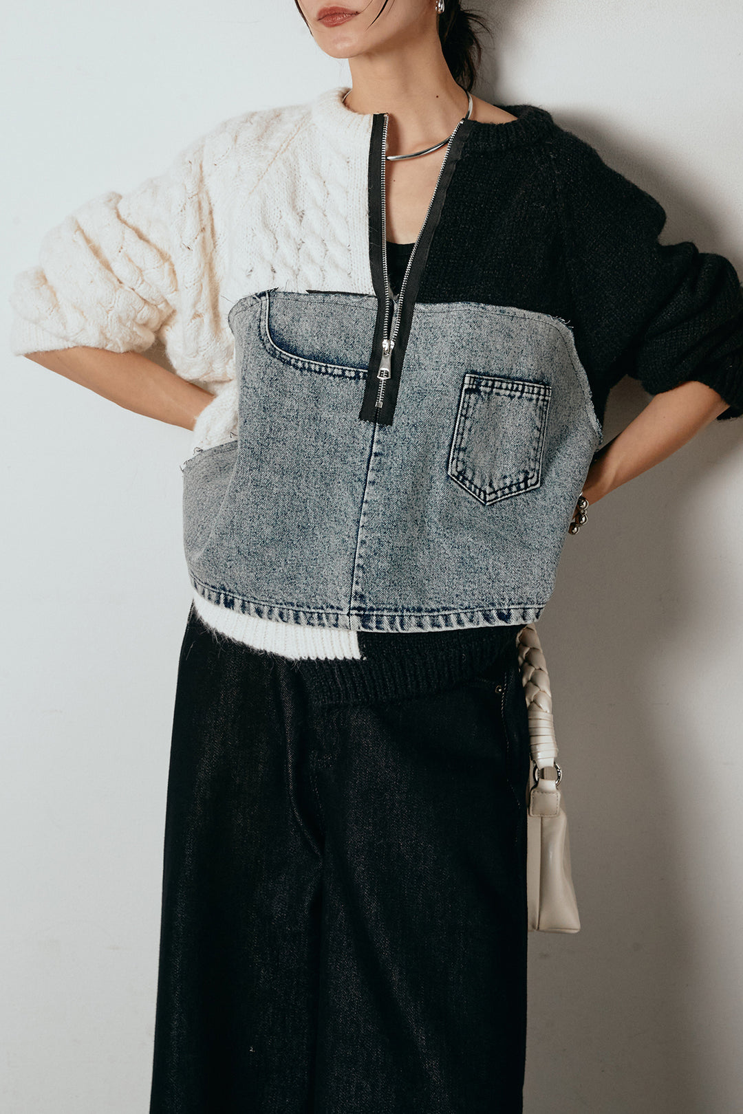 [SET]ハーフジップニットデニムドッキングトップス+ウエストダブルボタンワイドデニムパンツ(2set)