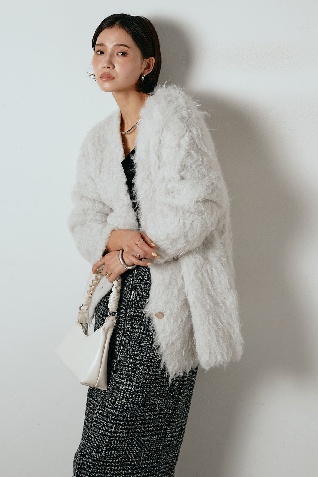 [SET]ウェーブシャギーニットジャケット+グレンチェック柄フロントジップタイトスカート(2set)