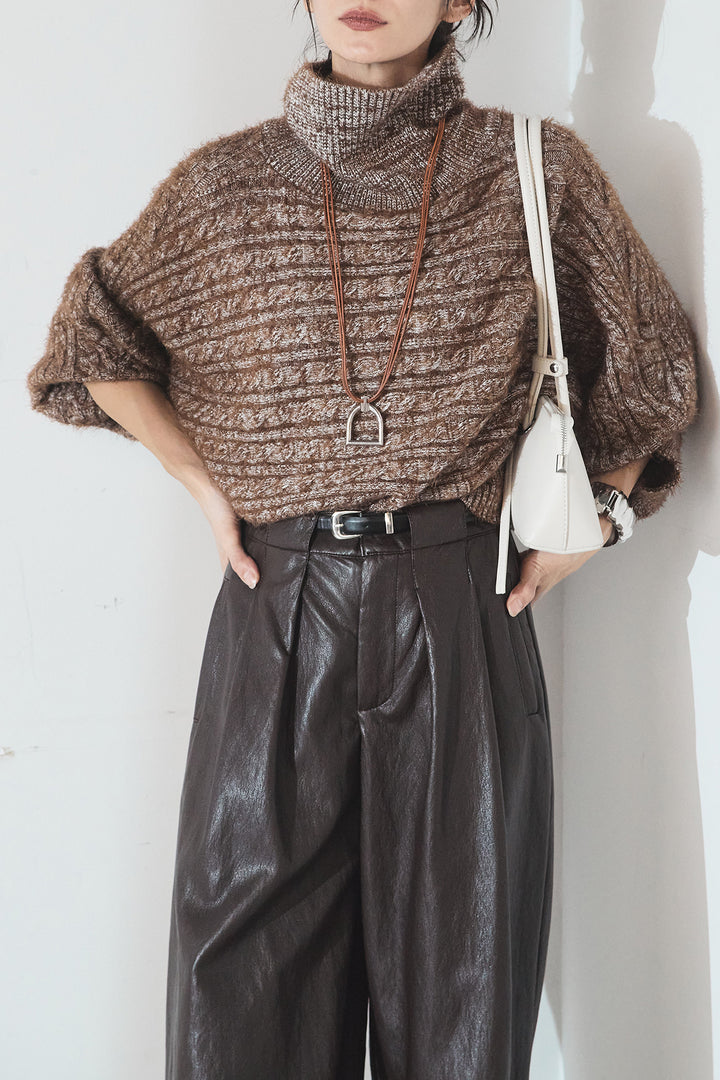 [SET]ミックス編みドルマンニットトップス+ベルト付きレザーライクタックパンツ(2set)