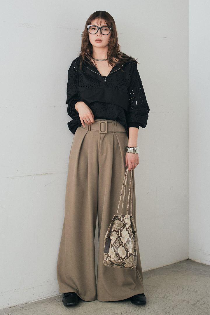 [SET]レースハーフジップアップフーディー+ベルト付きツータックワイドパンツ(2set)