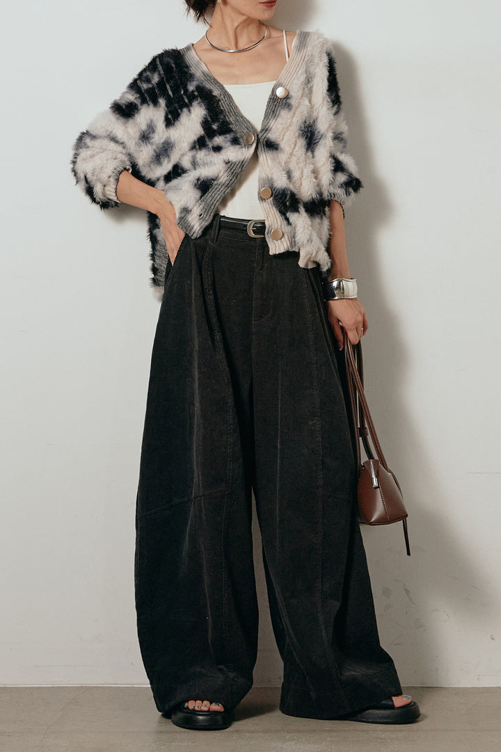 【着回しセット】[SET]タイダイ柄シャギーニットカーディガン+タック入りコーデュロイワイドパンツ+タイダイ柄シャギーニットカーディガン(3set)