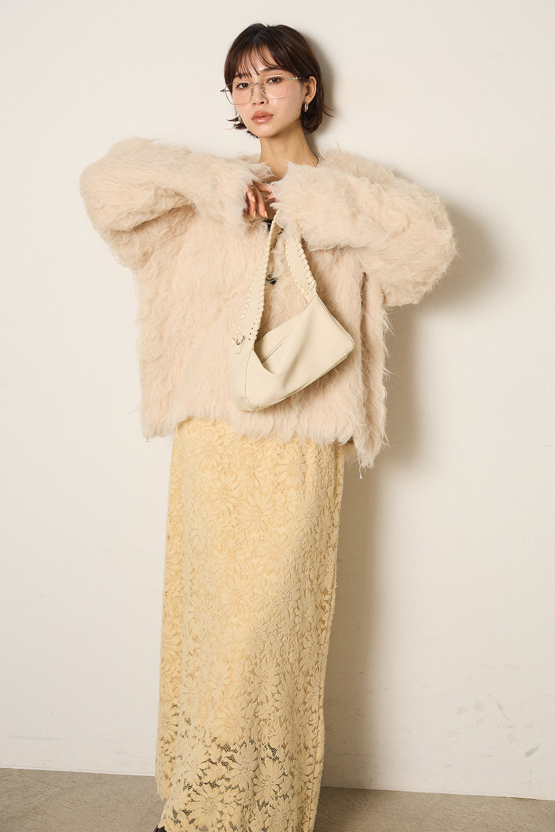 [SET]起毛シャギーニットカーディガン+花柄刺繍ベロアフレアスカート(2set)