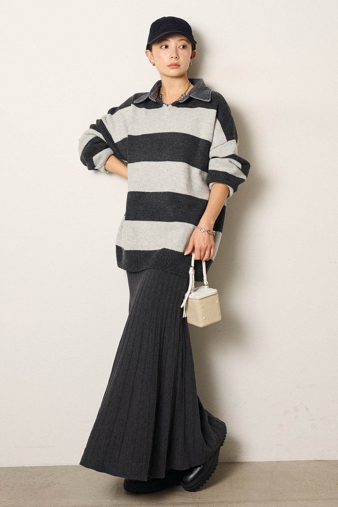 [SET]デニムカラーボーダールーズニット+編み地切り替えフレアニットスカート(2set)