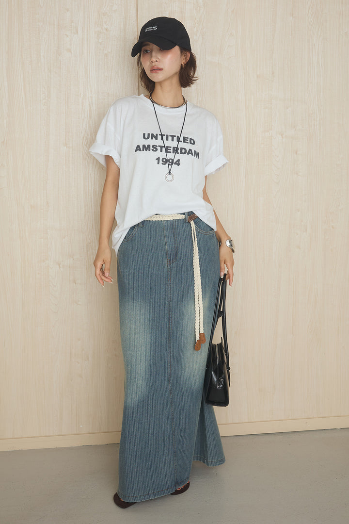 [SET]英字フロントロゴプリントTシャツ+ベルト付きデニムタイトスカート(2set)