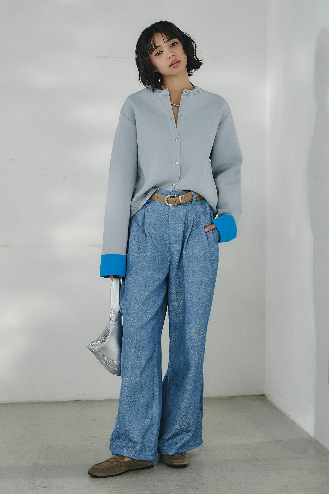 [SET]リバーシブル配色ニットカーディガン+デニムライクヘリンボーンタックパンツ(2set)