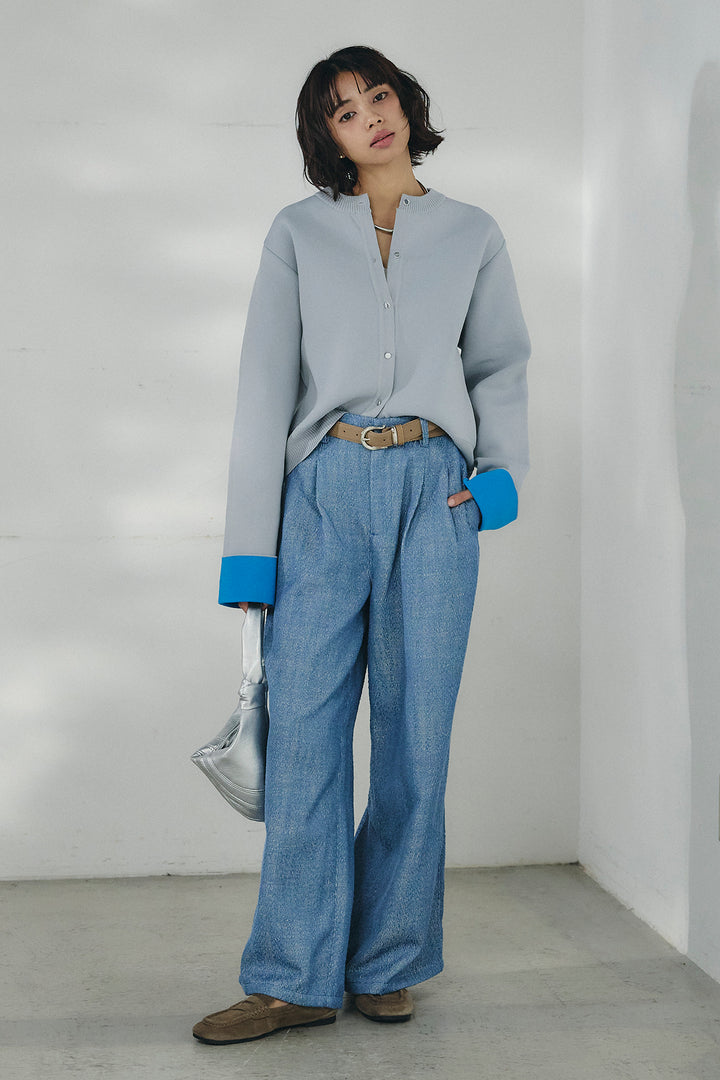 [SET]リバーシブル配色ニットカーディガン+デニムライクヘリンボーンタックパンツ(2set)