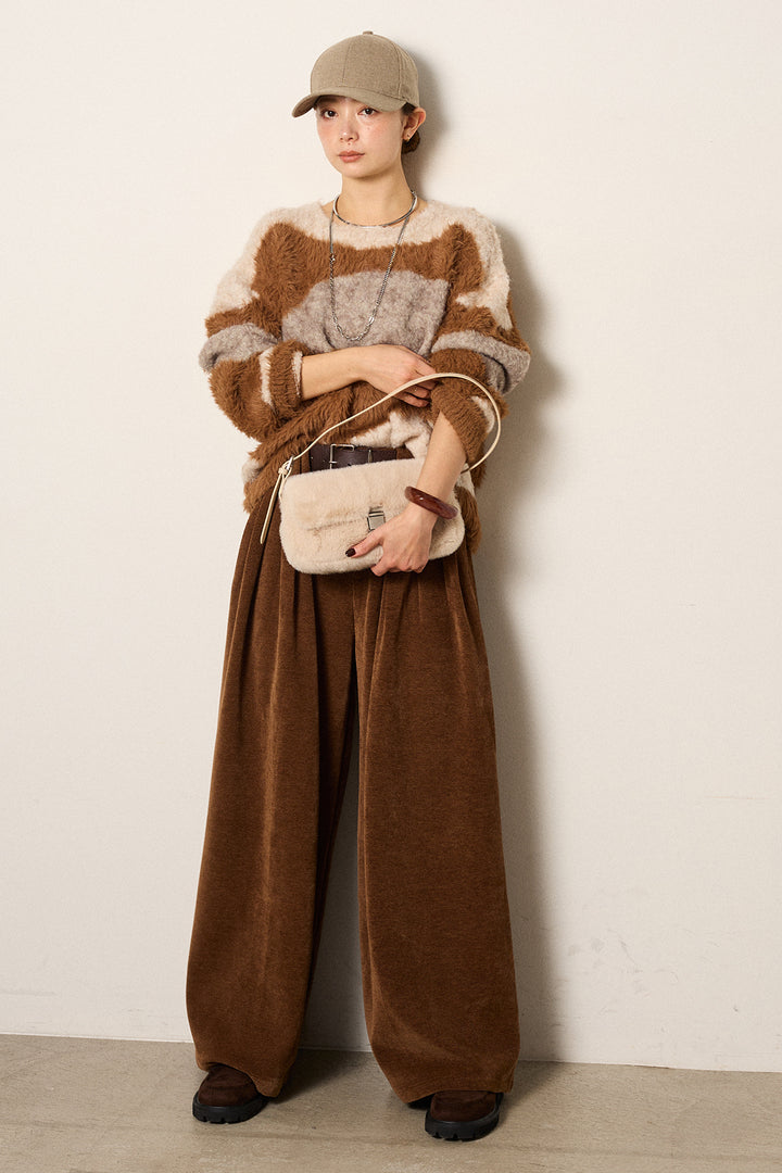 [SET]シャギーウェーブ柄クルーネックニットトップス+ベルトループコーデュロイワイドパンツ(2set)