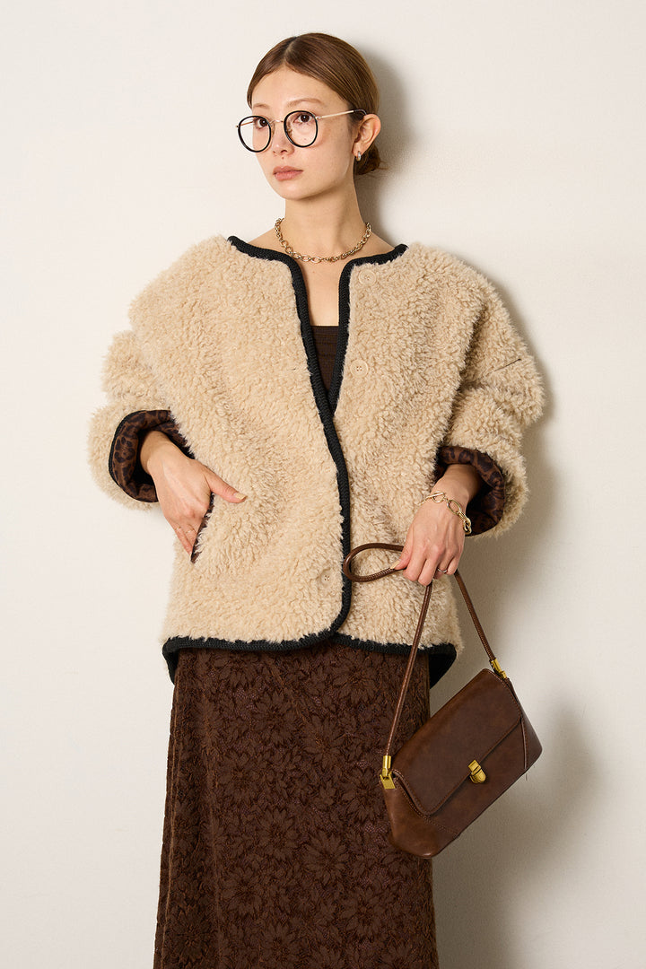 [SET]ノーカラー裏地レオパードボアアウター+花柄刺繍ベロアフレアスカート(2set)