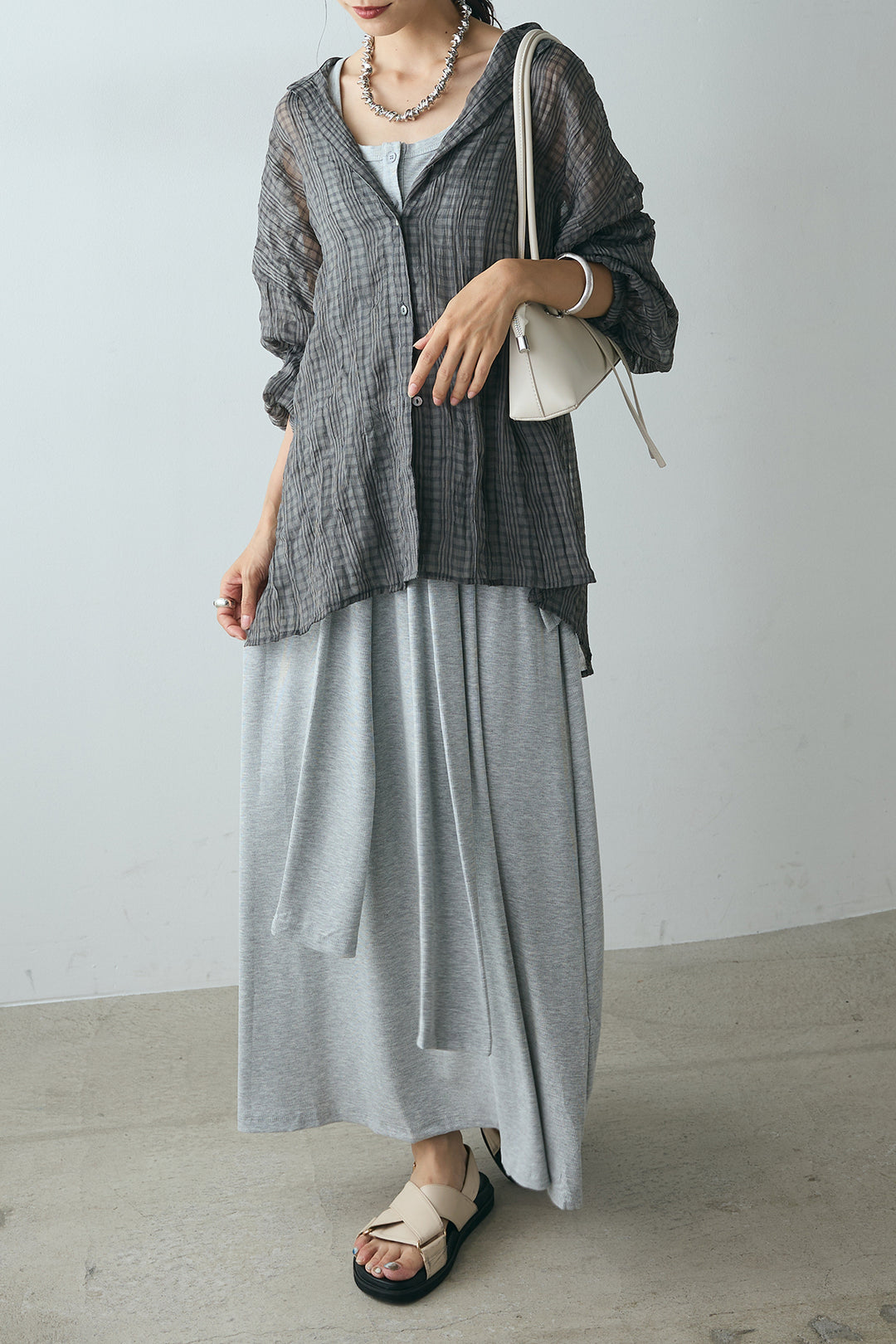 [SET]シアーマルチチェック柄シャツ+ウエスト巻きリブロングワンピース(2set)