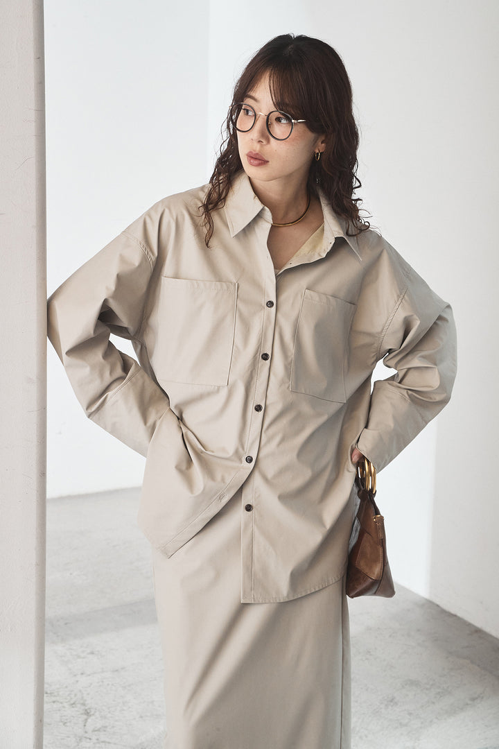 [SET]ウォッシャブルエコレザービックカフスシャツ+ウォッシャブルエコレザーナロースカート(2set)