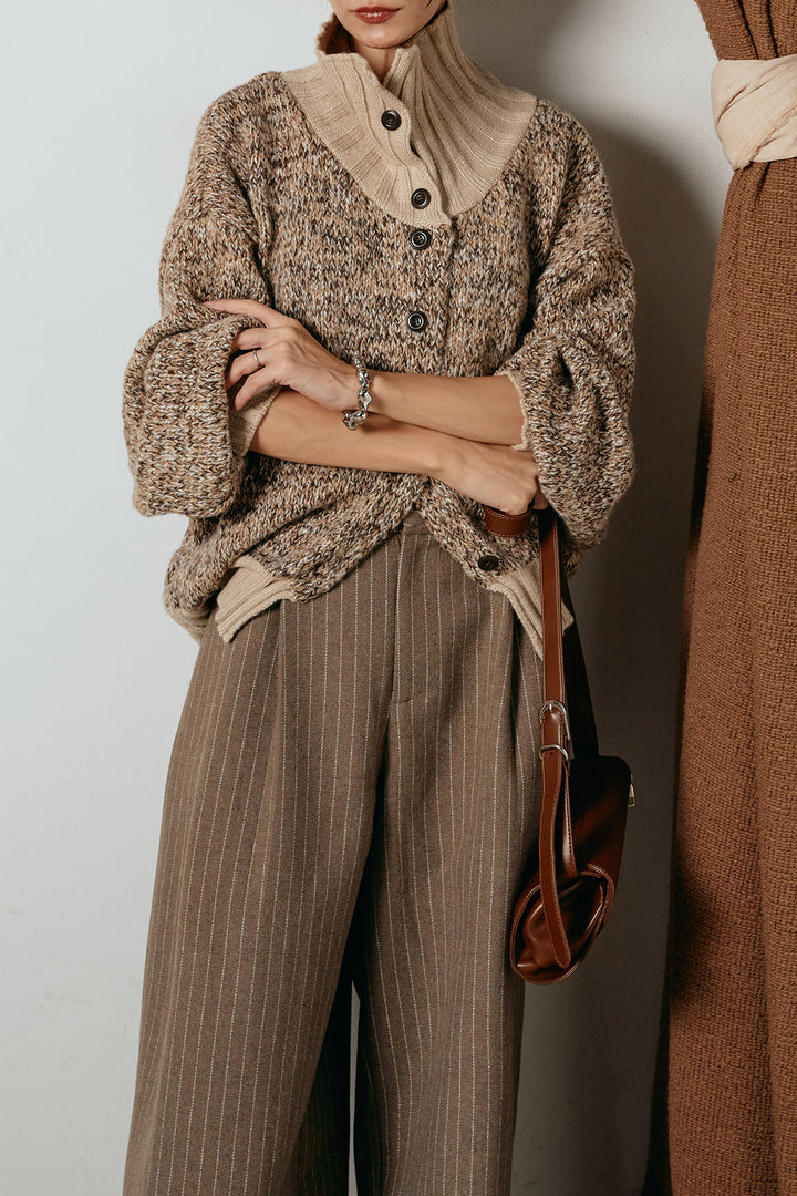 [SET]ハイネックミックスニットカーディガン+ウールライクストライプパンツ(2set)