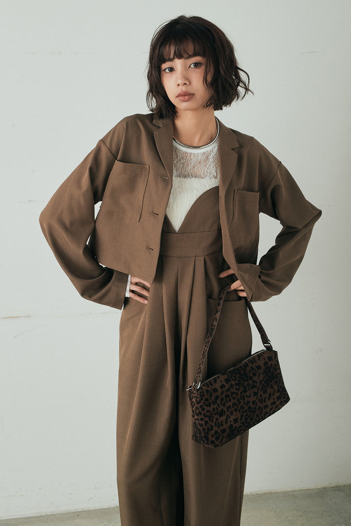 [SET]バックジップデザインショートツイルジャケット+キャミロングオールインワン+ストレッチレースクルーネックインナー(3set)