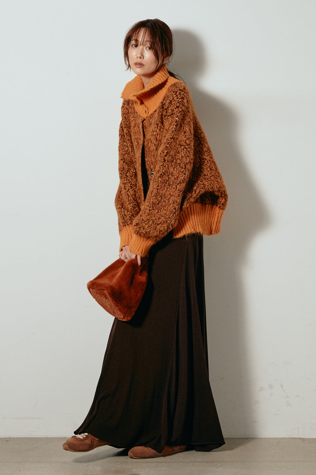 [SET]ハイネックミックスニットトップス+サイド切り替えリブニットロングスカート(2set)