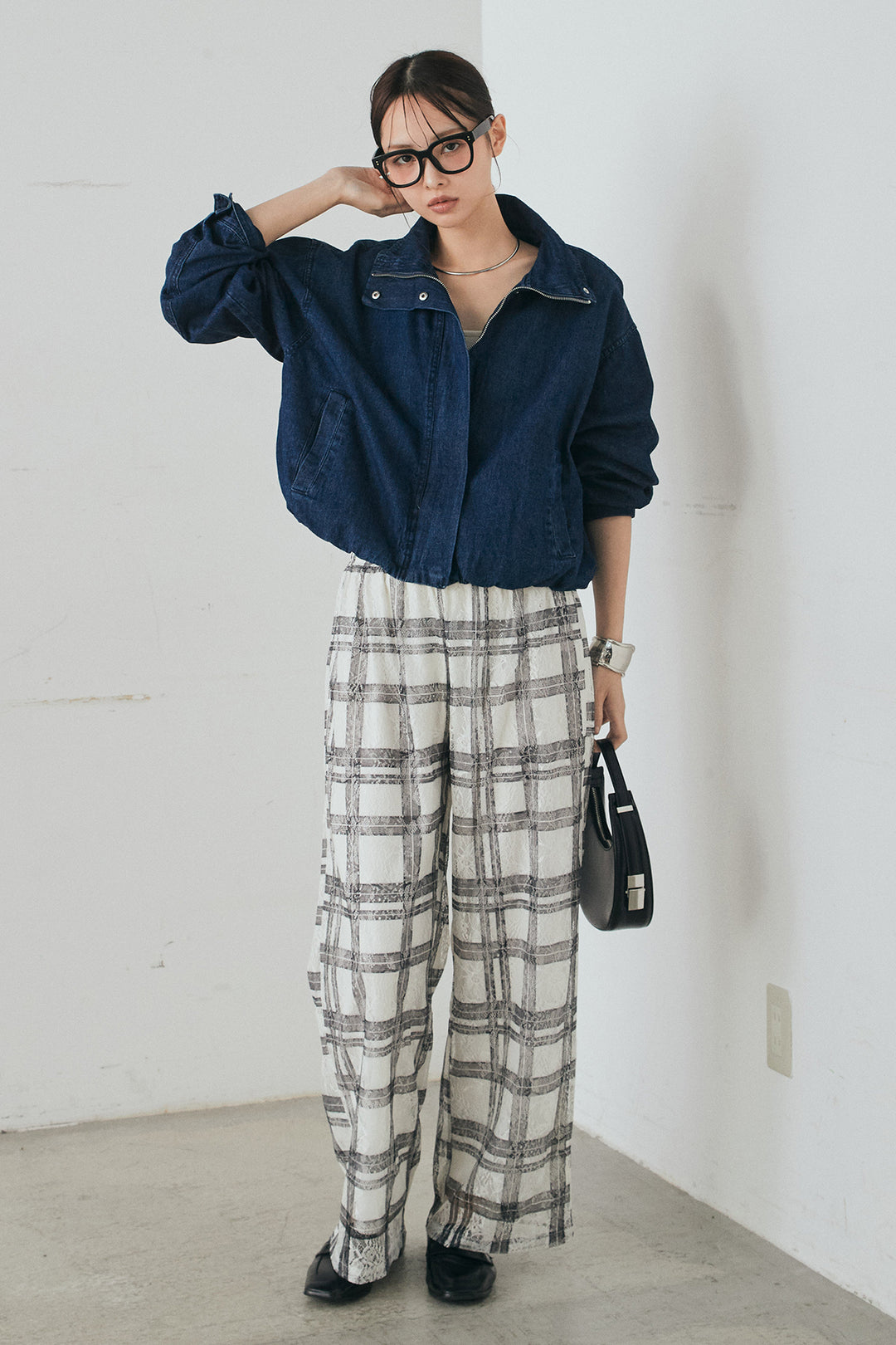[SET]スタンドカラーデニムブルゾンジャケット+レースチェックワイドイージーパンツ(2set)