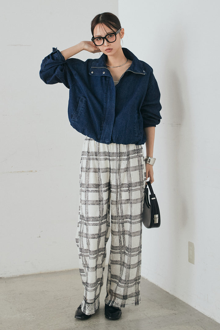 [SET]スタンドカラーデニムブルゾンジャケット+レースチェックワイドイージーパンツ(2set)